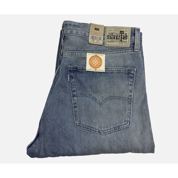 Levi's Silver Tab Straight Jeans Mens 36x32 Blue Relaxed Grunge Distressed Denim - Picture 8 of 10